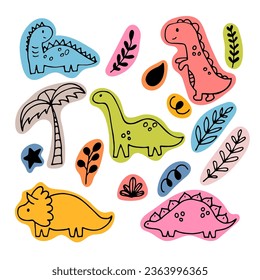 Cute hand drawn dinosaurs and tropical plants. Dino collection for kids. Funny characters set. Vector illustration