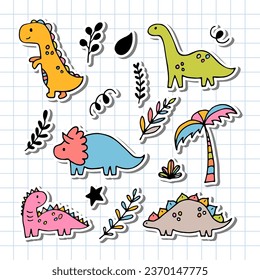 Cute hand drawn dinosaurs and tropical plants. Dino collection for kids. Funny characters set. Vector illustration