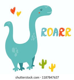 Cute hand drawn diplodocus dino. Roarr greeting card. Suitable also for prints
