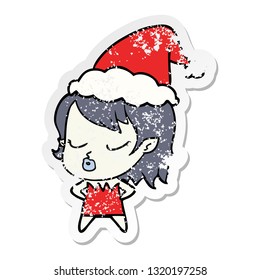 caricatura de pegatina angustiada dibujada a mano linda de una chica vampiro con sombrero santa