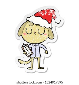 cute hand drawn distressed sticker cartoon of a dog wearing office shirt wearing santa hat