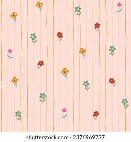 Cute hand drawn ditsy seamless pattern, pin stripes, colorful floral background, great for textiles, fashion, kids, wallpapers, wrapping - vector design