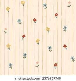 Cute hand drawn ditsy seamless pattern, pin stripes, colorful floral background, great for textiles, fashion, kids, wallpapers, wrapping - vector design