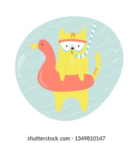 Cute hand drawn diver cat swimming in a pool. Summer time. Isolated scandinavian cartoon illustration.