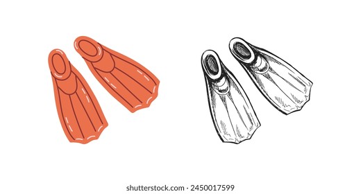 Cute hand drawn diving fins. Flat and outline black vector illustration isolated on white background. Doodle drawing.