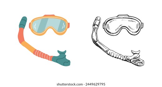 Cute hand drawn diving mask and snorkel, vector Marine concept elements. Flat and outline sketch illustrations on white background.