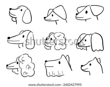 Cute Hand Drawn Dog Breed Profile. A collection of 9 hand drawn dog face illustrations in side profile. Perfect for pet-themed designs, branding, stickers, and minimalist character art