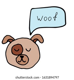 Cute hand drawn dog face isolated on white background. Vector illustration, template design for children's games. Cartoon character. What does the dog say? - Woof!