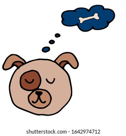 Cute hand drawn dog face isolated on white background. Vector illustration, template design for children's games. Cartoon character. The dog dreams of a bone.