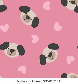 cara de perro dibujada a mano linda con corazones rosados, niños cachorro patrón sin costuras de diseño de tela