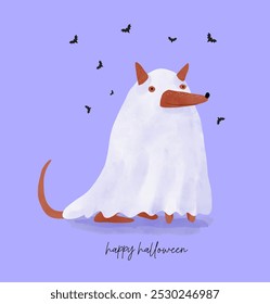 Cute Hand Drawn Dog as a Ghost. Dog in a Ghost Costume and Flying Bats on a Violet Background. Halloween Card. Trick or Treat. Halloween Vector Illustration with Funny Ghost Dog. RGB.