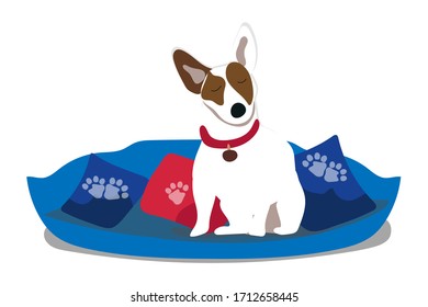 Cute hand drawn dog on the blue pillow. Stock vector illustration isolated on white background. Design for poster, web, apparel, fabric, textile, nursery decoration and ets.
