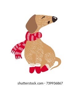 Cute hand drawn dog symbol of year 2018 in warm winter scarf and socks isolated on white background. Chinese New Year. Christmas concept. Vector illustration.