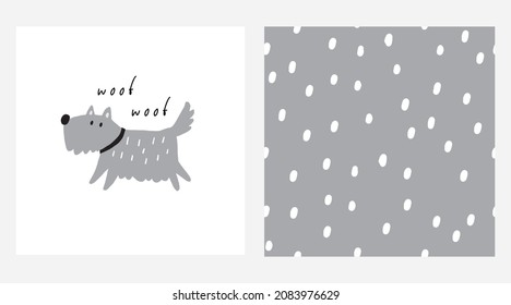 Cute Hand drawn dog - vector print in doodle style. Seamless pattern with pet