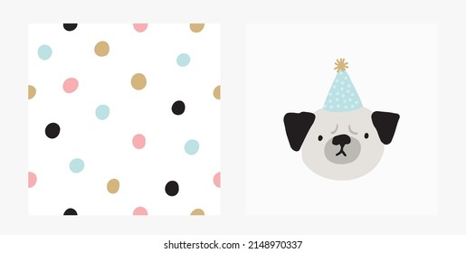 Cute Hand drawn dog - vector print in doodle style. Seamless pattern with pet. Cute Birthday cards - dog birthday party. 