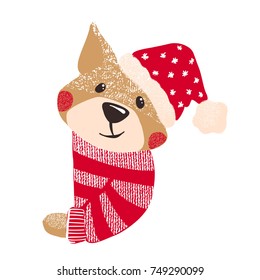 Cute hand drawn dog in warm red winter sweater and hat isolated on white background. Chinese New Year. Christmas concept. Vector illustration.