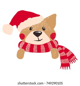 Cute hand drawn dog in warm red winter scarf and Santa hat isolated on white background. Chinese New Year. Christmas concept. Vector illustration.