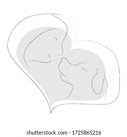 Cute hand drawn dog and woman in heart shape. Vector stock illustration isolated on white background. Design for poster, web, apparel, fabric, textile, nursery decoration and ets