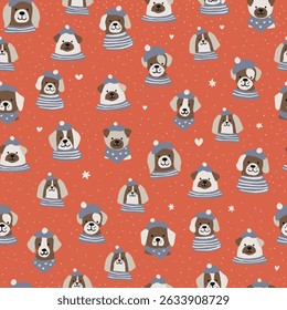 Cute hand drawn dogs faces seamless vector pattern background