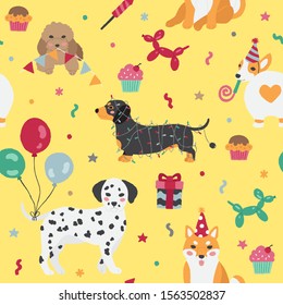 Cute hand drawn cute dogs in a party seamless pattern