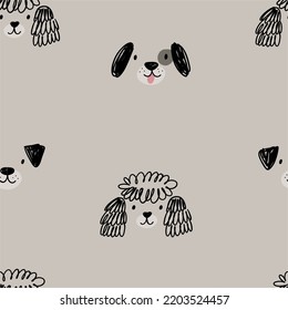 Cute hand drawn dogs portrait - vector print. Cartoon dogs. Funny pet. Seamless pattern with dogs