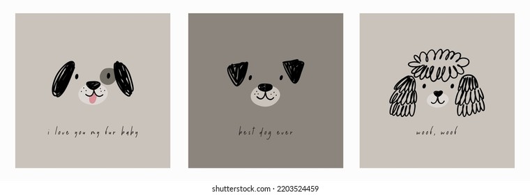 Cute hand drawn dogs portrait - vector print. Cartoon dogs. Funny pet.