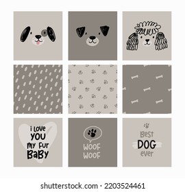 Cute hand drawn dogs portrait - vector print. Cartoon dogs. Funny pet. Seamless pattern with dogs