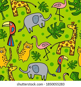 Cute hand drawn doodle African animals seamless pattern. Background with Giraffe, Toucan, Elephant, Leopard, Flamingo and leaf of Monstera. Vector illustration.  