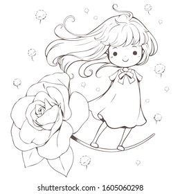 Cute hand drawn doodle cute angel of flowers flying on one rose and small grass flower floating around, 
vector illustration, kawaii character design, Coloring book, wallpaper and sticker tattoo.