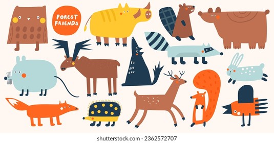 Frisch gezeichnete Doodle-Tiere Set. Funny Cartoon Stil Wald, Waldtiere, Hirsch, Bär, Fuchs, Wolf, Biber, Eule, Hase, Eichhörnchen, Igel, Racon, Maus, Esel. Videokunst für Kindergarten