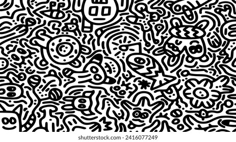 Cute hand drawn doodle art with black lines filling the paper. Creative abstract vector illustration suitable for wallpaper, drawing books, covers. Isolated on white background.