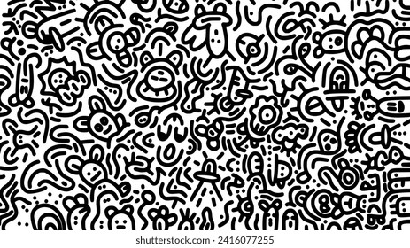 Cute hand drawn doodle art with black lines filling the paper. Creative abstract vector illustration suitable for wallpaper, drawing books, covers. Isolated on white background.
