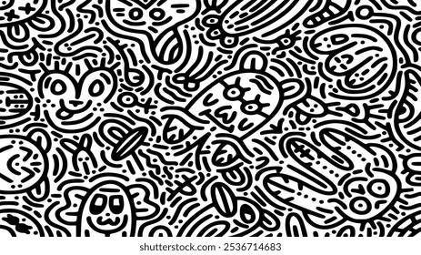 Cute hand drawn doodle art with black lines filling the paper. Creative abstract vector illustration suitable for wallpaper, drawing books, covers. Isolated on white background