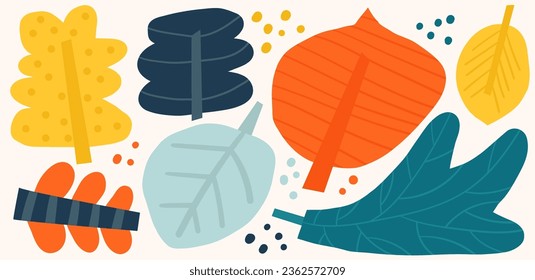 Cute hand drawn doodle autumn leaves set. Funny cartoon style forest, woodland elements, oak, birch, aspen, alder, poplar. Clip art for kids, children