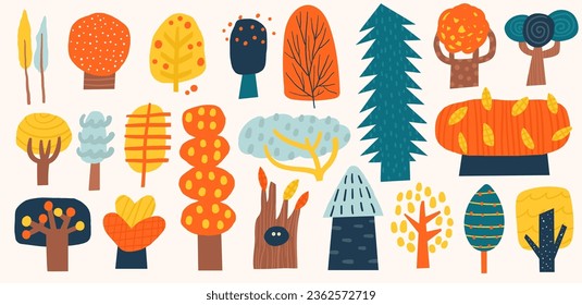 Cute hand drawn doodle autumn trees set. Funny cartoon style forest, woodland elements, oak, pine, spruce, birch, trunk, fur tree, aspen, alder, poplar, chestnut. Clip art for kids, children, nursery