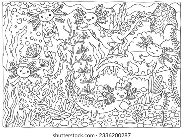 cute hand drawn doodle axolotl children coloring horizontal page