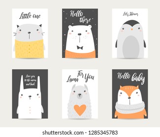 Cute hand drawn doodle baby shower cards, brochures, invitations with polar bear, cat, fox, penguin, rabbit, lama. Cartoon animals background