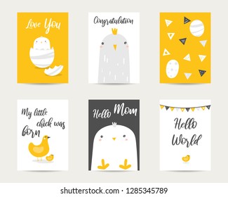Cute hand drawn doodle baby shower cards, brochures, invitations with chicken, chick, hen, bird, egg, flags. Cartoon animals background