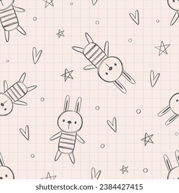 cute hand drawn doodle baby rabbit in scandinavian style with decorative elements hearts and stars in the sky, kids pastel pink seamless pattern for textile