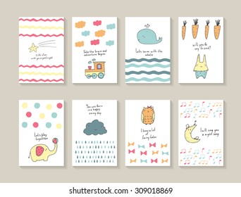 Cute hand drawn doodle baby shower cards, brochures, invitations with star, whale, waves, carrot, rabbit, elephant, ball, cloud, rain drops, owl, bows, moon, notes, train. Cartoon animals background