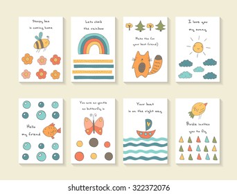 Cute hand drawn doodle baby shower cards, brochures, invitations with bee, flowers, rainbow, fox, trees, sun, clouds, fish, bubbles, butterfly, ship, waves, bird. Cartoon animals background