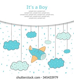 Cute hand drawn doodle baby shower card, cover, background with plane and clouds in the sky. It is a boy postcard.