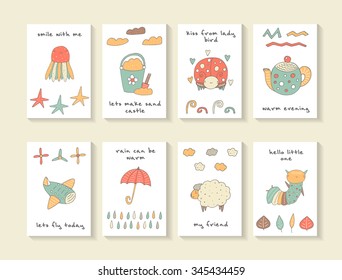 Cute hand drawn doodle baby shower cards, brochures, invitations with jellyfish, sea star,lady bird, kettle, plane, umbrella, bucket with sand and shovel, sheep,caterpillar. Cartoon animals background