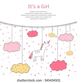 Cute hand drawn doodle baby shower cover, card, background. It's a girl postcard with unicorn and clouds in the sky