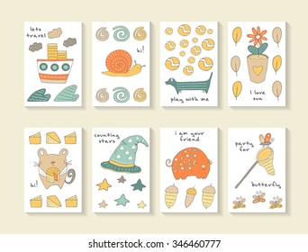 Cute hand drawn doodle baby shower cards, brochures, invitations with ship, snail, wave, cloud, dog, ball, flower pot, leaf, mouse, cheese, pig, acorn, butterfly, star, hat. Cartoon animals background