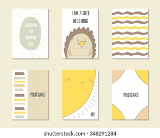 Cute hand drawn doodle baby shower, birthday, party cards, brochures, invitations with stripes, frame, wave, sun, hedgehog. Cartoon animals, objects background. Printable templates set
