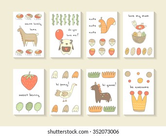 Cute hand drawn doodle baby shower cards, brochures, invitations with lama, panda, balloon, squirrel, nut, bird, egg, nest, strawberry, goose, pony, crown, circle, leaf. Cartoon animals background