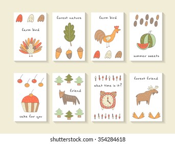 Cute hand drawn doodle baby shower cards, brochures, invitations with turkey, oak leaf, acorn, cock, watermelon, cake, cherry, wolf, fur tree, clock, arrow, horn, moose. Cartoon animals background