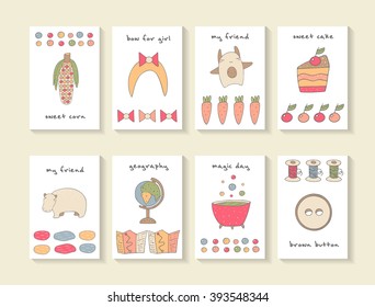 Cute hand drawn doodle baby shower cards, brochures, invitations with corn, bow, rabbit, carrot, cake, hippo, globe, map, cauldron, button, bubble, spool of thread. Cartoon objects, animals background