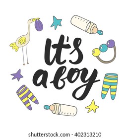 Cute hand drawn doodle baby shower card, cover, background with stork, bottle with milk, stars, sliders, rattle. It is a boy lettering postcard.